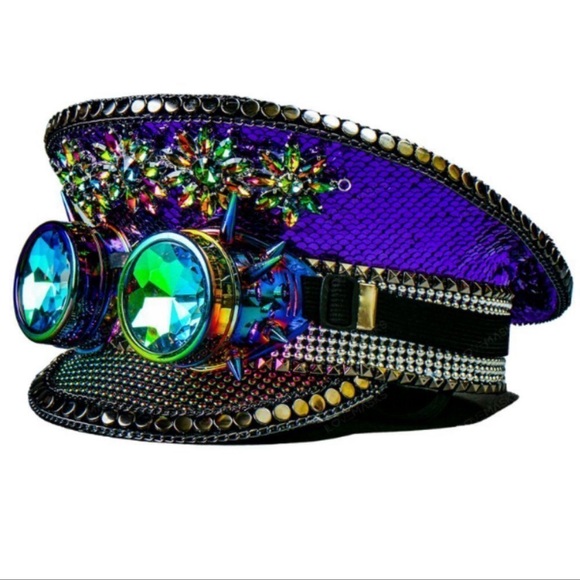 🔥 Burning Man Purple Sequin Hat with Googles - Picture 2 of 4